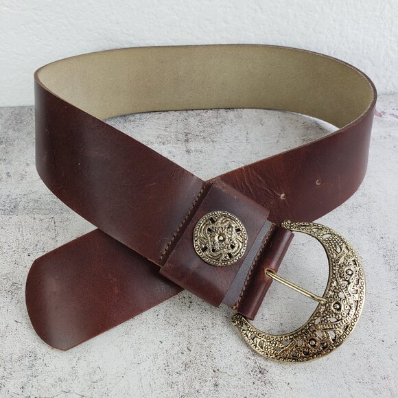 Vintage The RITZ Wide Leather Belt Brown Engraved Buckle Boho Western Whimsigoth - Picture 2 of 8